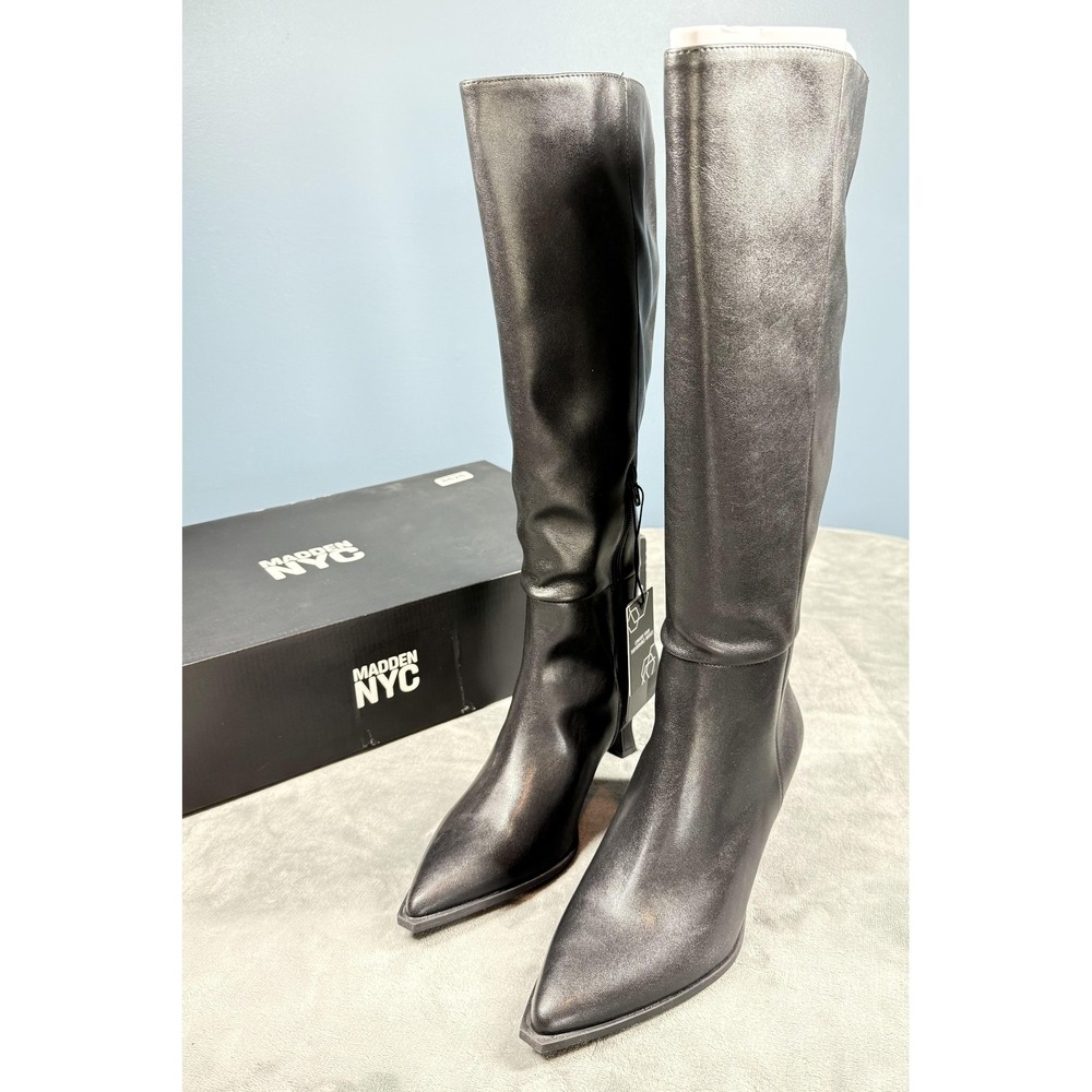 Madden NYC Boots Womens Size 7 Black Kitten Heel Knee High‎ Zip Pointed Toe